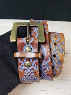 Tooled & Painted Leather Belt w/ Rorshach Design in Brown/Blue - size 31-32